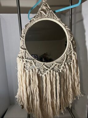 Boho Macrame Round Fringe Wall Mirror - Cream 36 inches long
